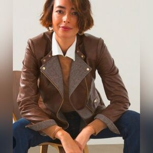 Chico's Womens Brown Faux Leather Moto Jacket Herringbone Trim Gold Hardware